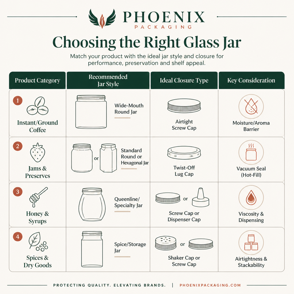 A diagram comparing the ideal jar styles, closures, and considerations for different food products like coffee, preserves, and honey.