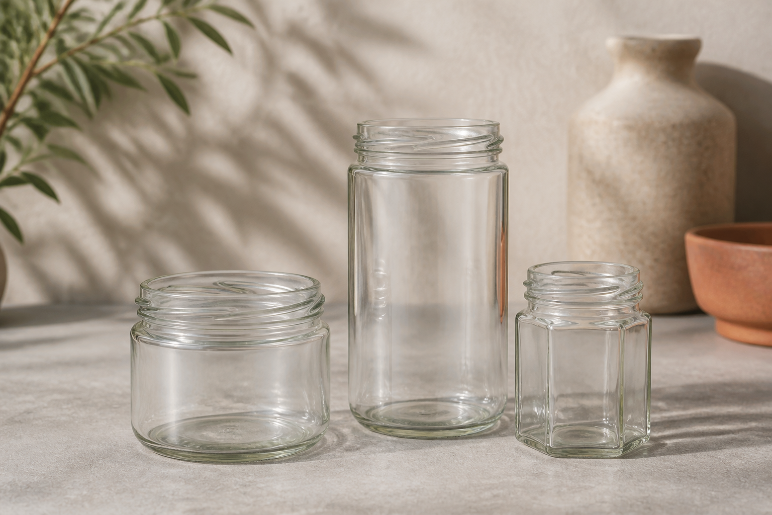 A collection of empty round, squat, and hexagonal glass jars suitable for specialty food products.
