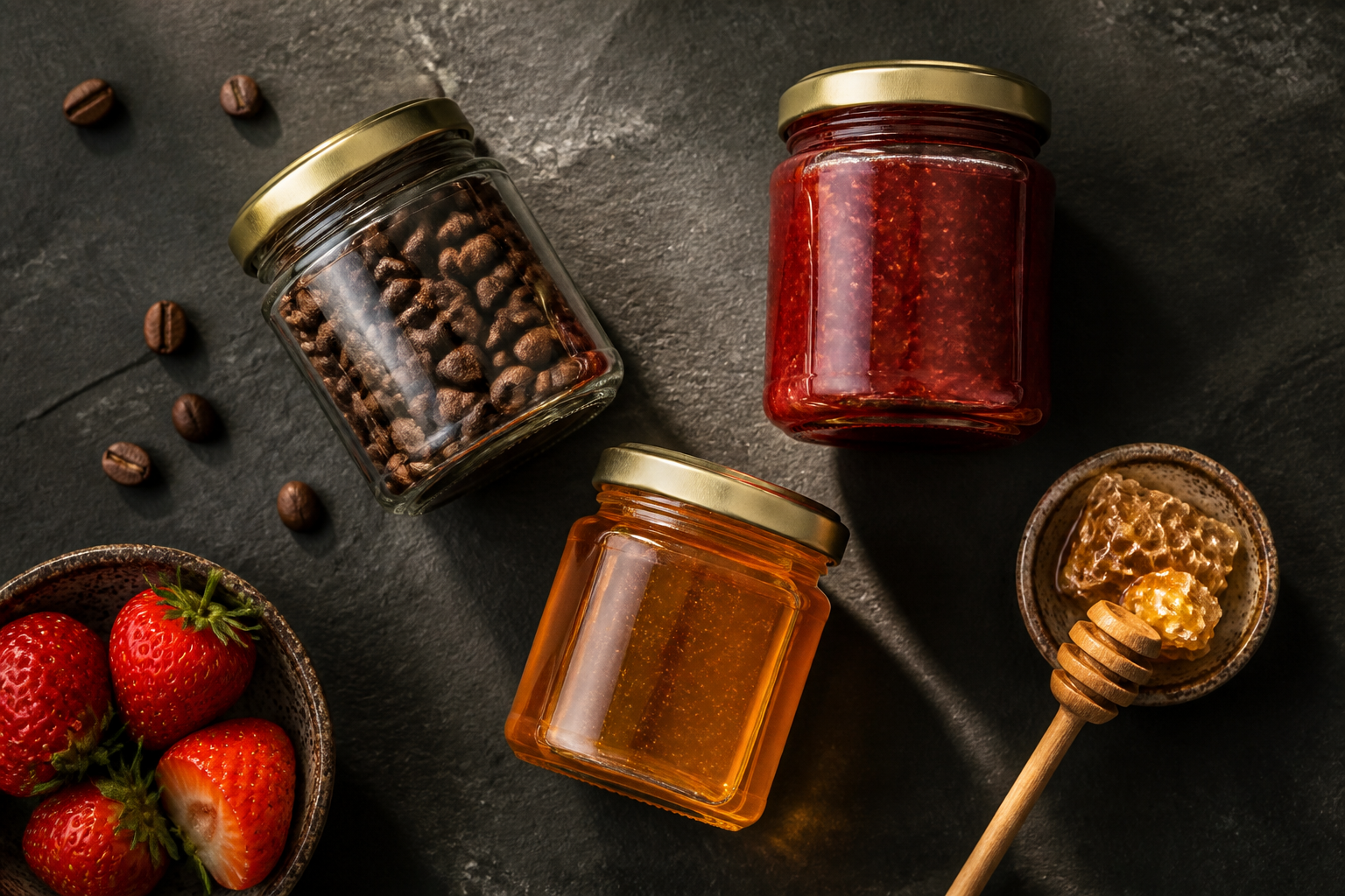 A selection of premium glass jars for specialty foods like coffee and preserves, arranged neatly.