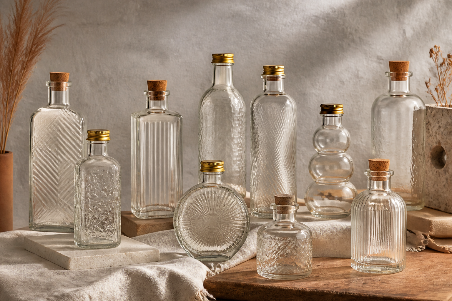 A collection of custom-designed glass bottles in various unique shapes, demonstrating the possibilities of bespoke packaging.