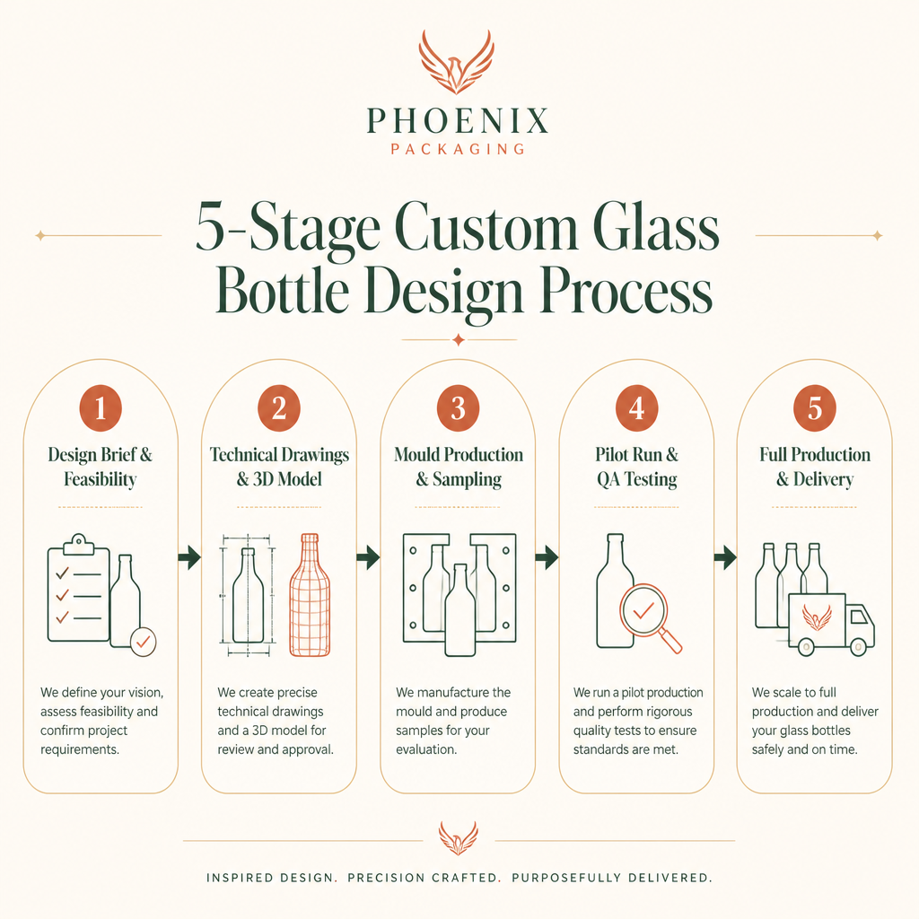 A flow diagram illustrating the five key stages of the custom glass bottle design process, starting with the brief and ending with production.