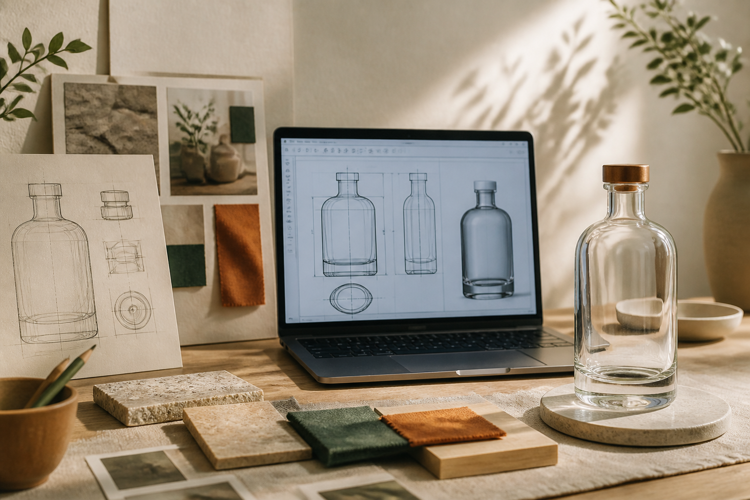 A design desk showing the evolution of a custom glass bottle, from sketch to technical drawing to the final physical product.