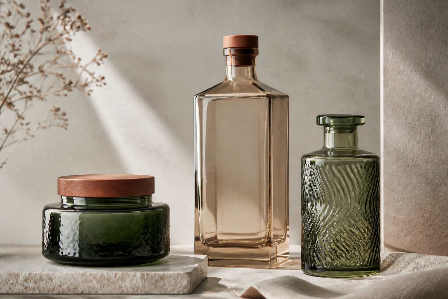 A collection of custom-designed glass bottles showcasing unique shapes and embossed details.