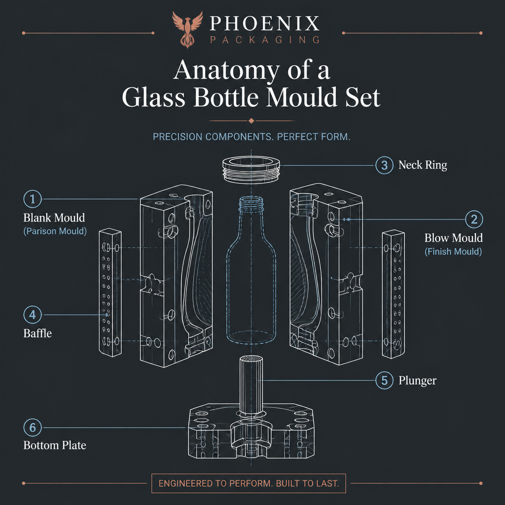 Diagram showing the components of a glass bottle mould set, including the blank mould, blow mould, and neck ring.