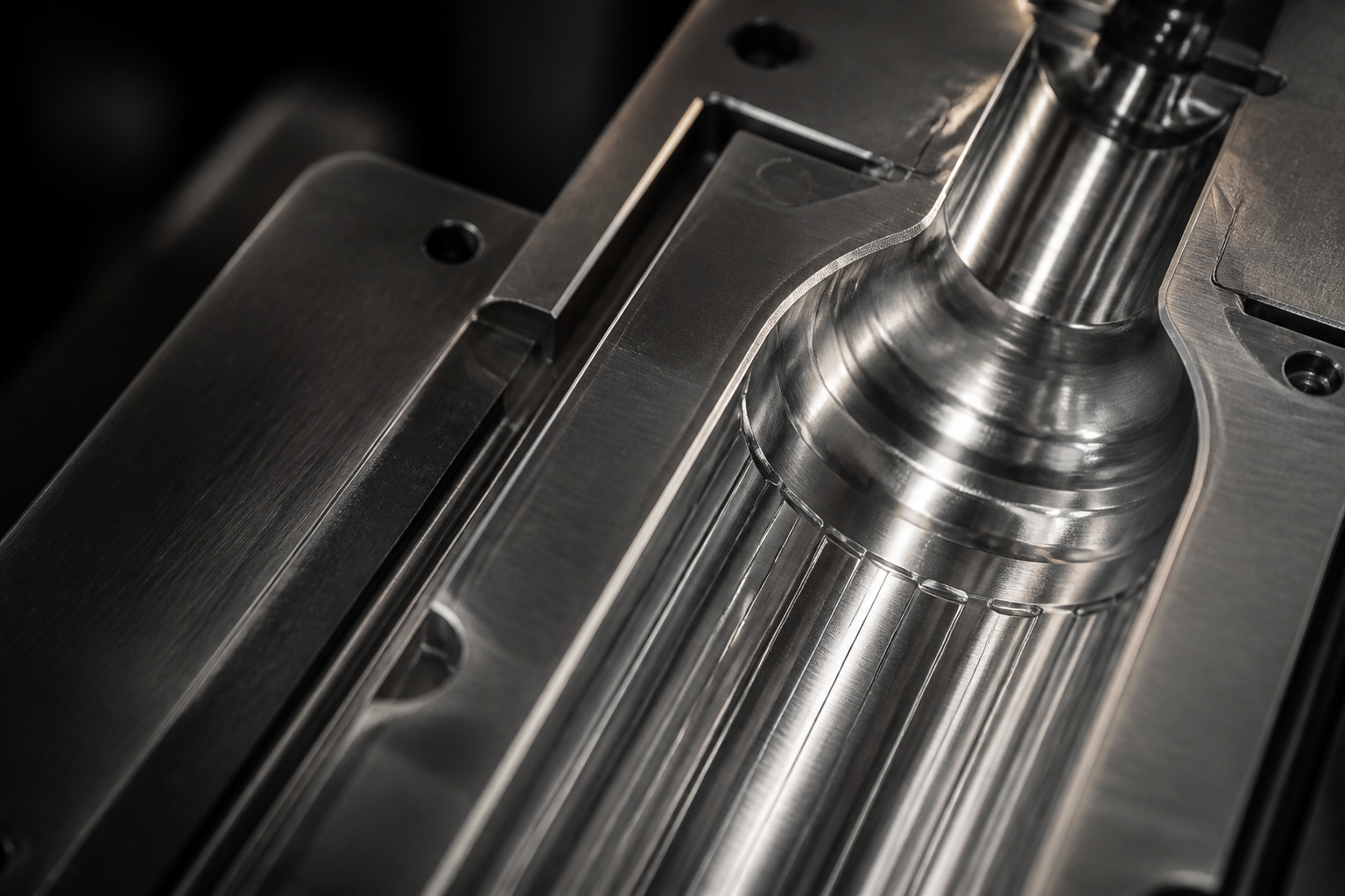 A highly detailed, close-up CAD render of a complex steel mould for a custom glass spirit bottle.