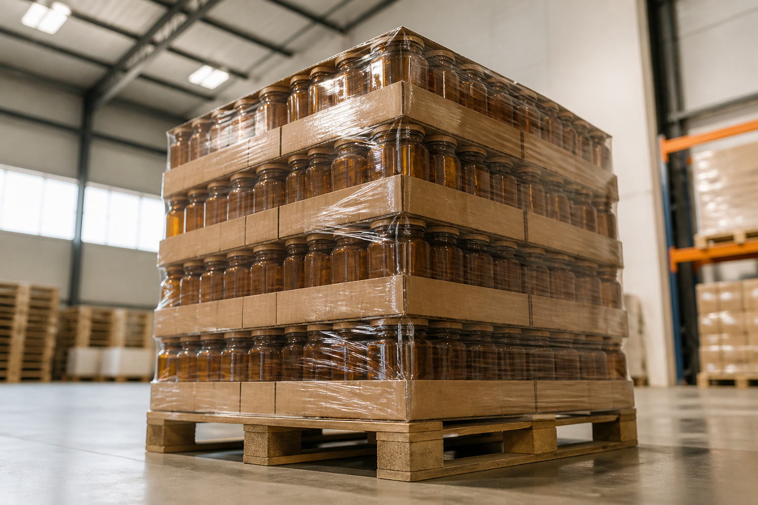 A pallet of amber glass food jars prepared for shipment in a clean warehouse environment.