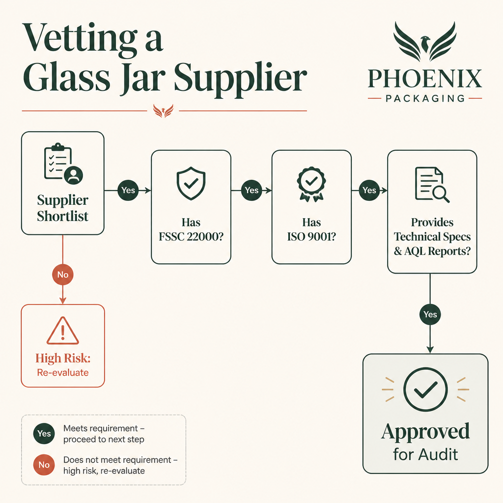 Flowchart showing the decision process for vetting a food-safe glass jar supplier, starting with FSSC 22000 certification.