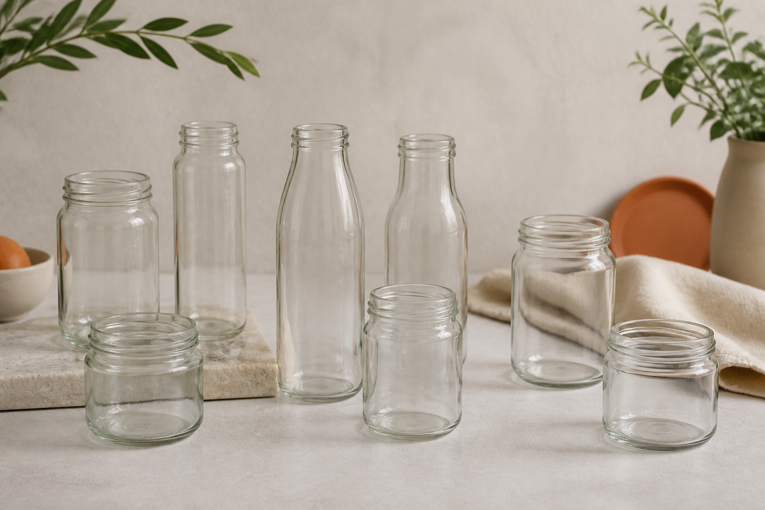 A collection of different empty flint glass food jars on a neutral background.
