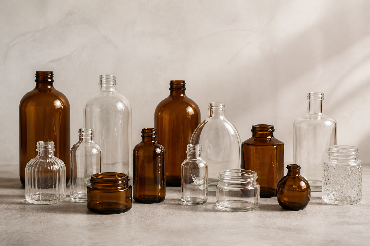 A collection of empty glass bottles and jars in different shapes and sizes, showing the variety available in packaging.