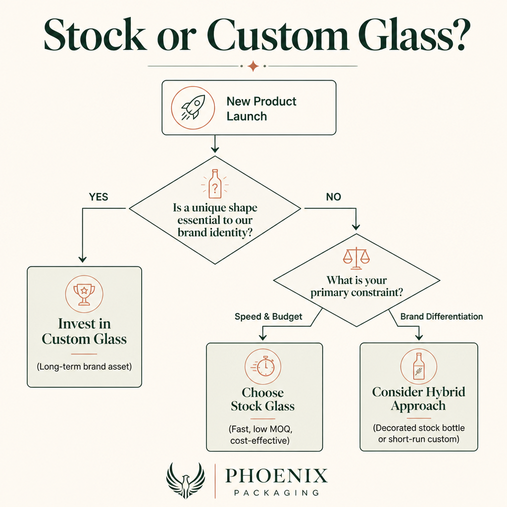 A decision tree diagram to help decide between stock and custom glass bottles based on brand needs, budget, and timeline.