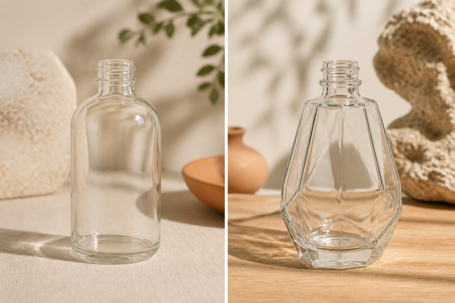 A split image showing a standard stock glass bottle on the left and a unique, custom-designed glass bottle on the right, highlighting the choice between the two.